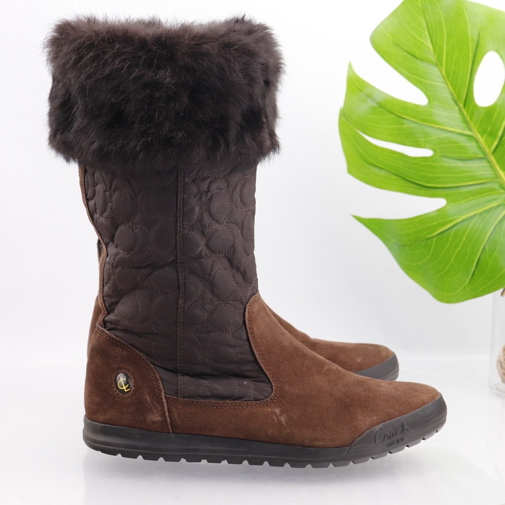 Coach Womens Talen Boot Size 9 Tall Brown Suede Quilted Rabbit Fur Winter Zip Up